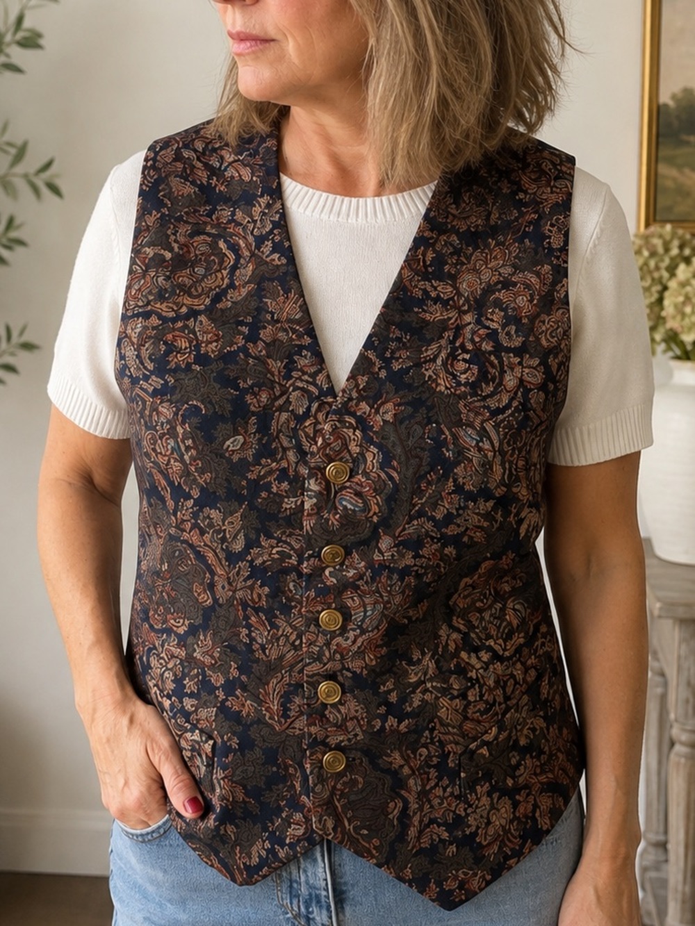 Handmade Vintage Paisley Tapestry Vest | Jacquard Button Front Waistcoat Small